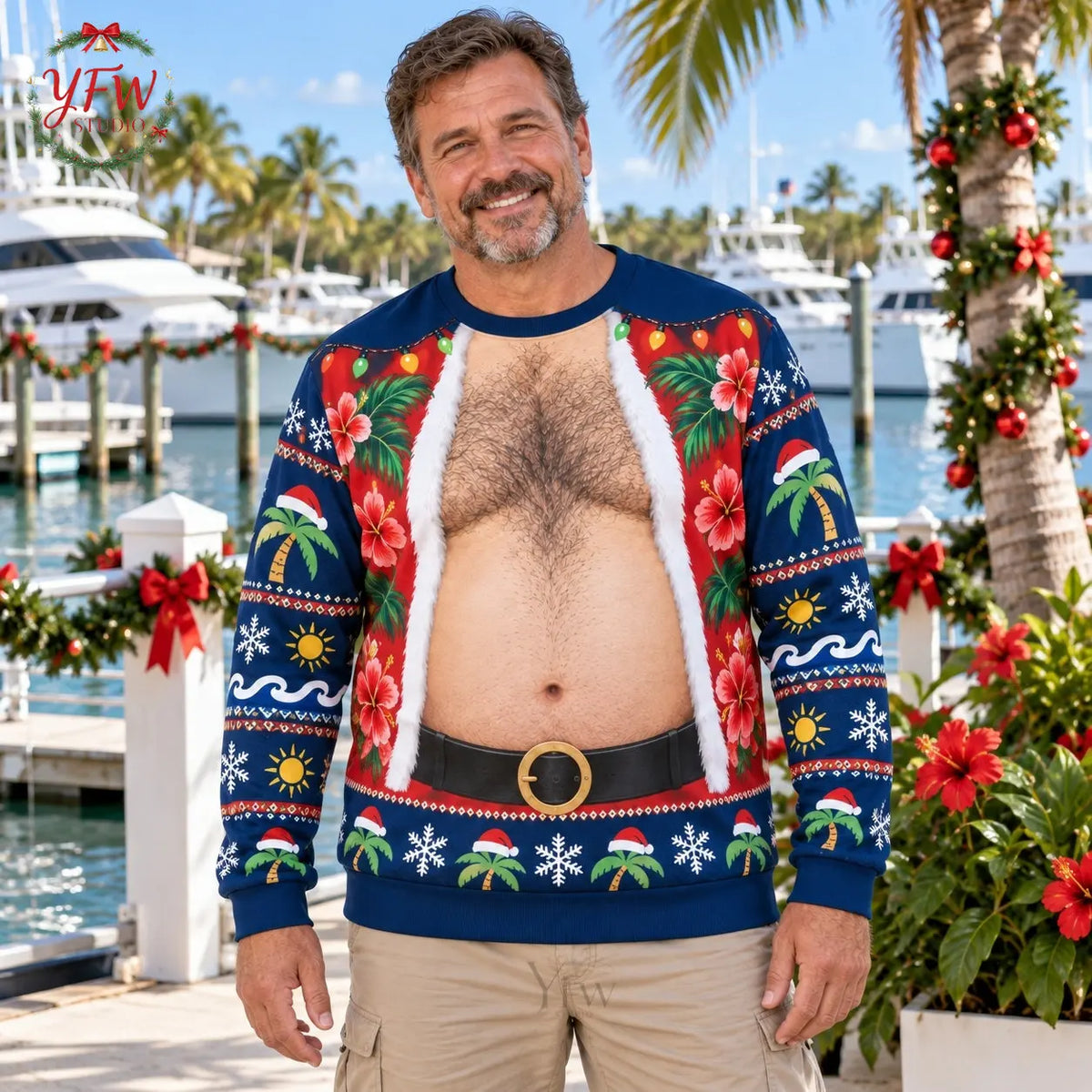 Santa Belly Illusion Ugly Christmas Sweater Men