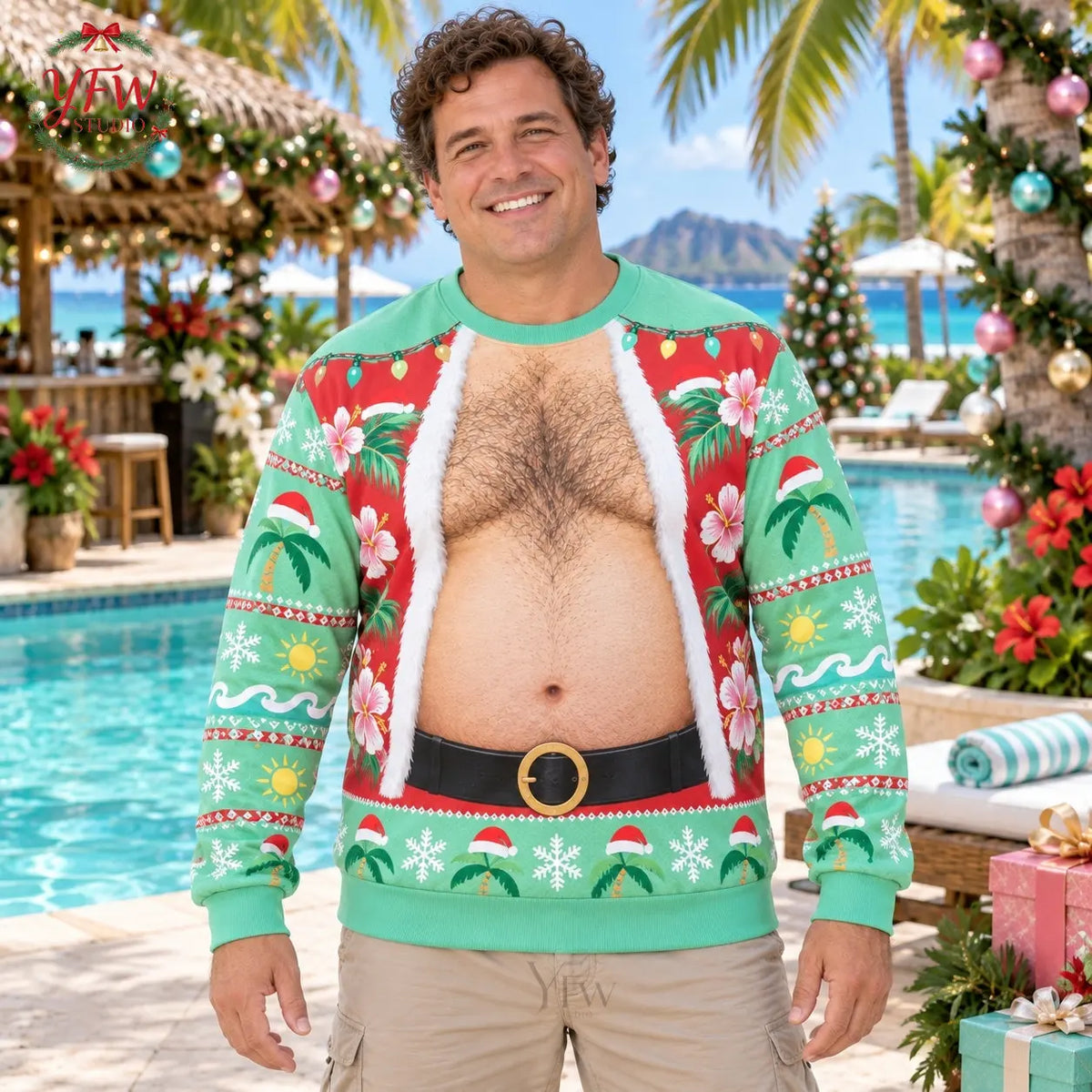 Santa Belly Illusion Ugly Christmas Sweater Men