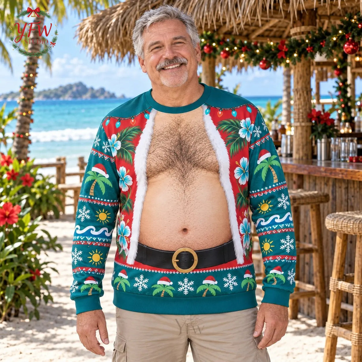 Santa Belly Illusion Ugly Christmas Sweater Men