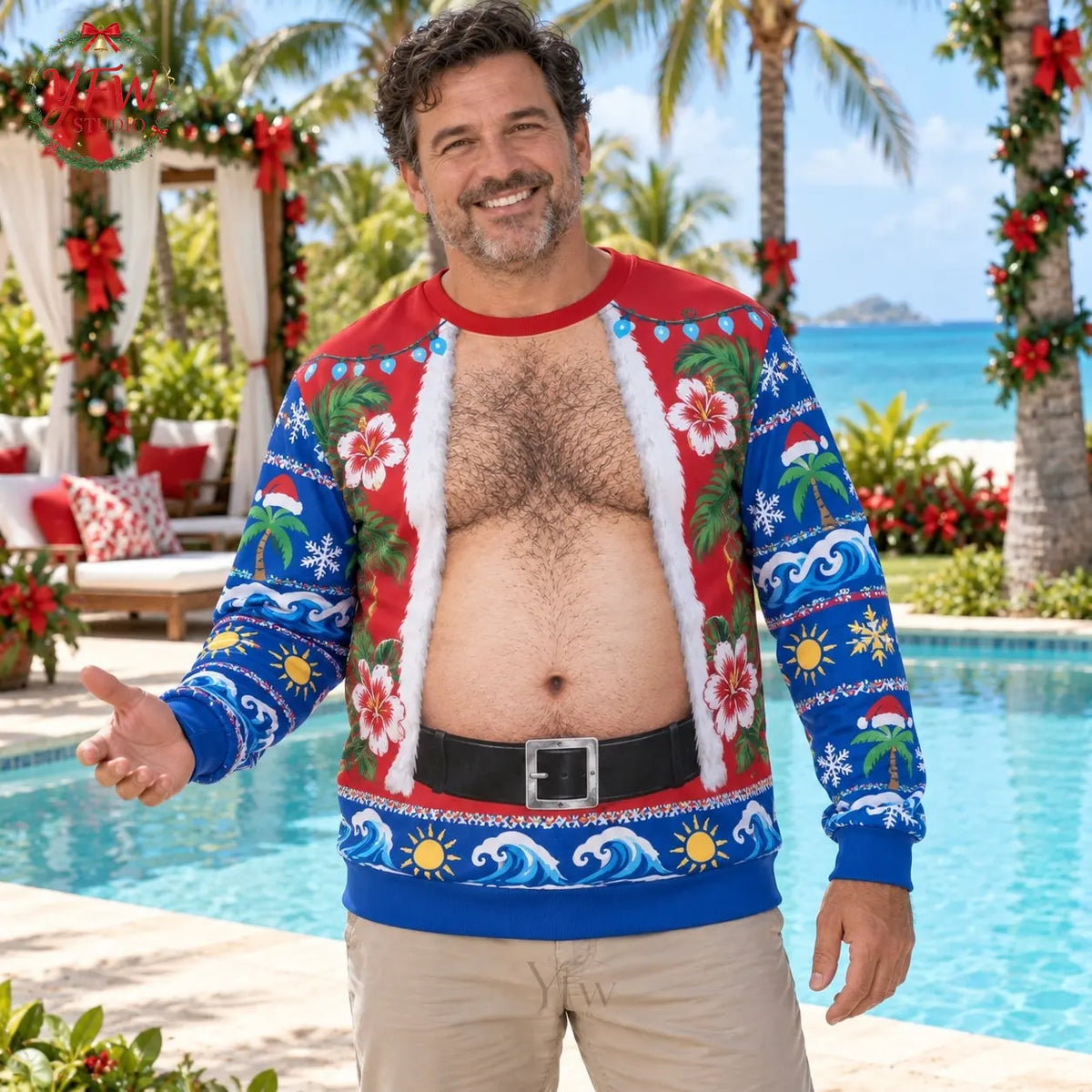 Santa Belly Illusion Ugly Christmas Sweater Men