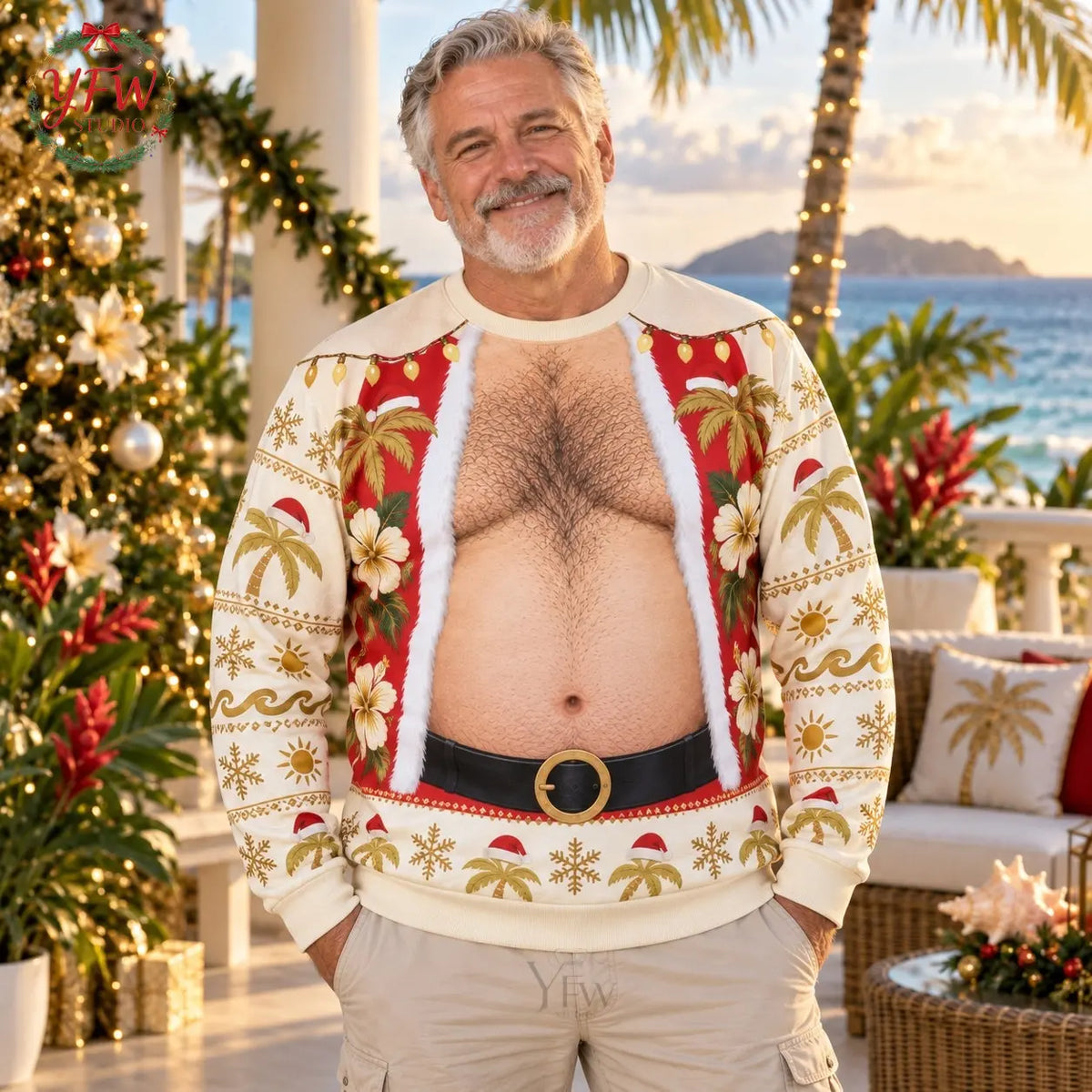 Santa Belly Illusion Ugly Christmas Sweater Men