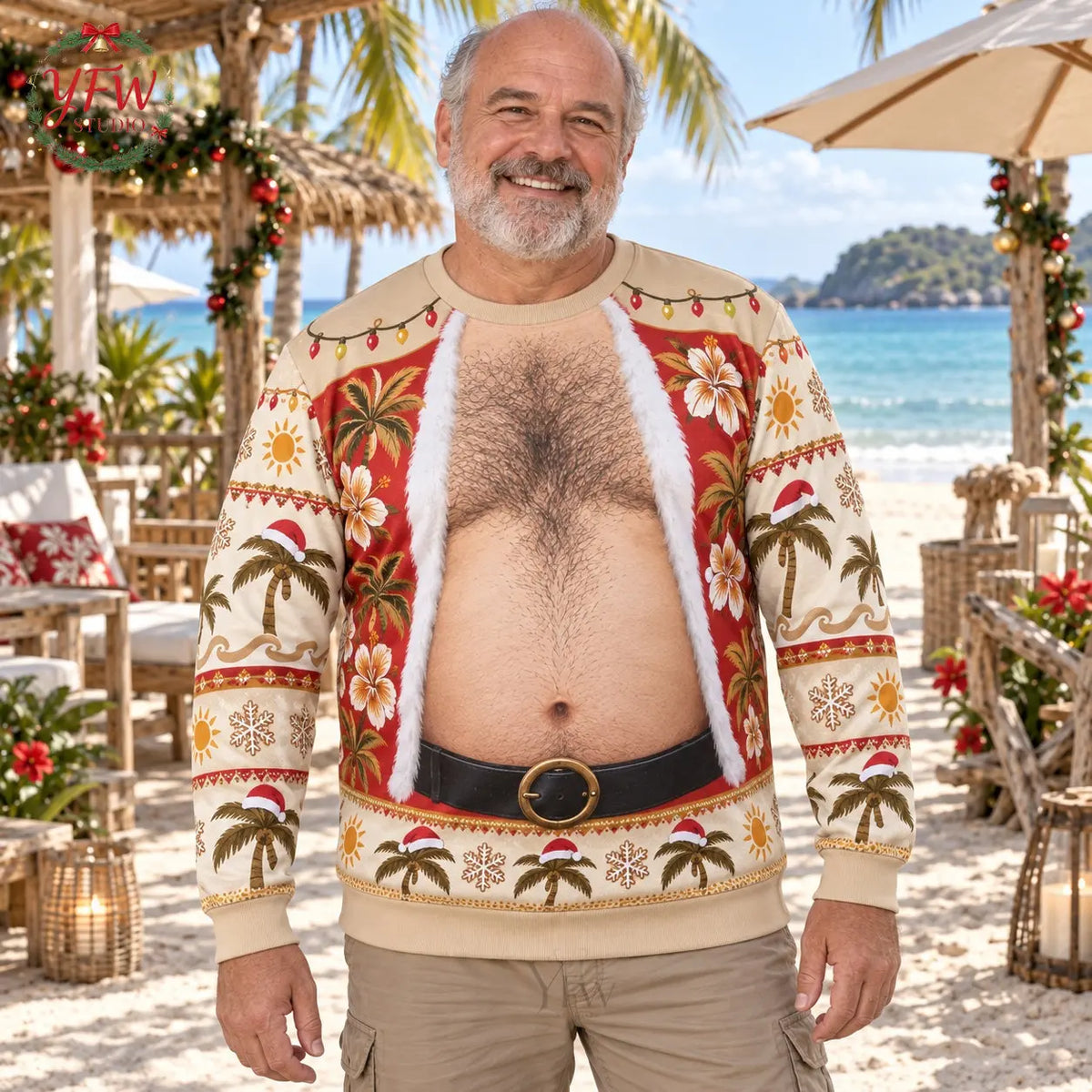 Santa Belly Illusion Ugly Christmas Sweater Men