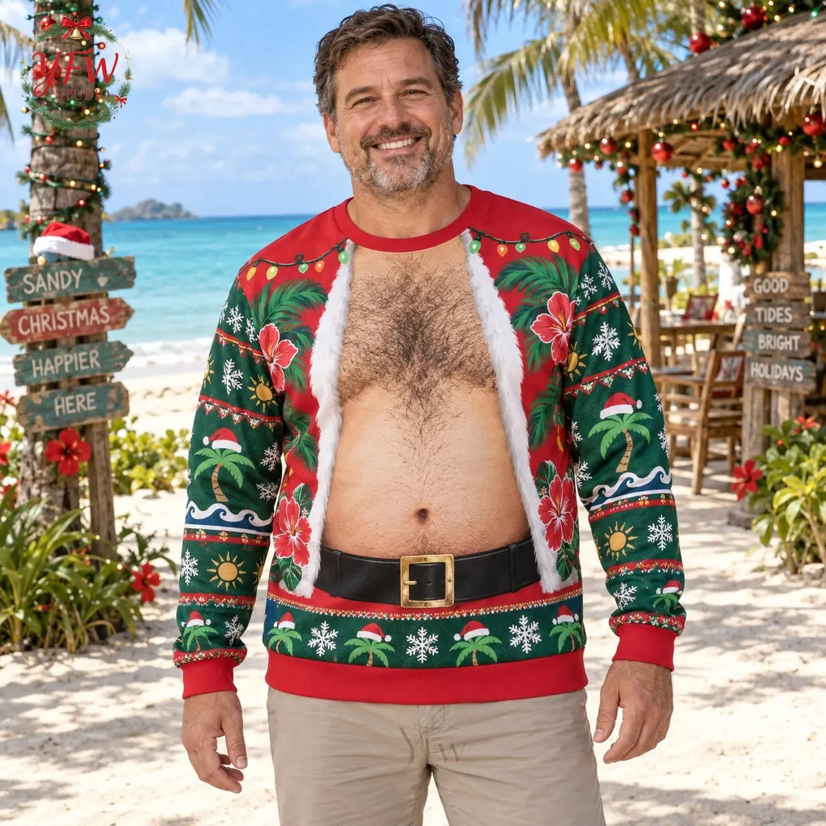 Santa Belly Illusion Ugly Christmas Sweater Men