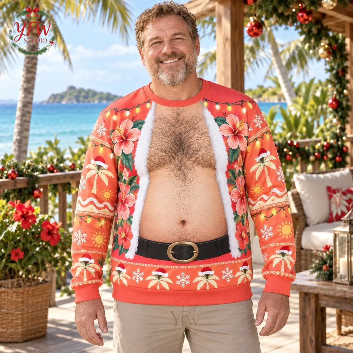 Santa Belly Illusion Ugly Christmas Sweater Men